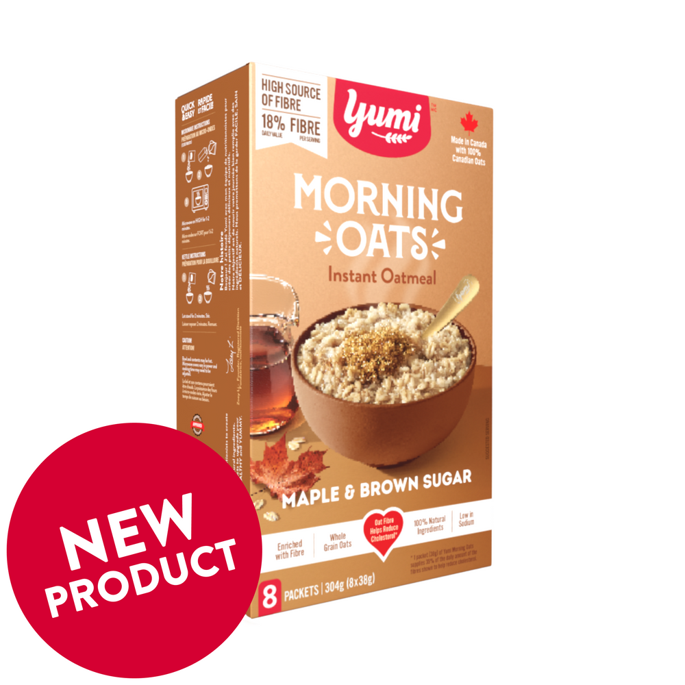 Packaging for Yumi Morning Oats instant oatmeal with maple and brown sugar flavor, featuring a bowl of oatmeal with a spoon, and a red 'New Product' badge.